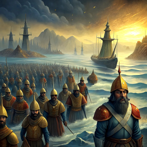 Orhan Gazi drives the turbaned Ottoman army and the Byzantine army into the sea