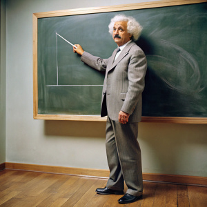 imagen de Alberto Einstein todo cuerpo completo escribiendo en la pizarra y enseñando sobre area de cuadrado a los estudiantes, pintado 