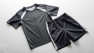 Neatly folded running uniform, T-shirt, shorts, black, white background
