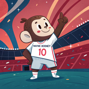 Digital illustration featuring a playful cartoon mascot, resembling Wayne Rooney, in an energetic pose. The mascot wears a white soccer jersey adorned with the number 10. Set against a vibrant, futuristic stadium background with bold colors and dynamic shapes.