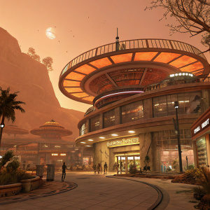 Concept art of Promethea Mall in Borderlands 3. Futuristic, multi-level, circular structure with angular design. Earthy tones, orange lighting. Video game illustration.