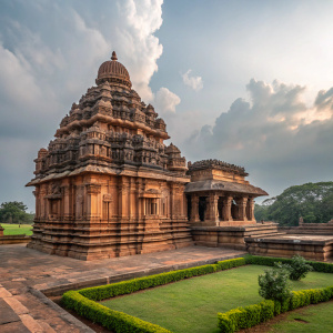 The majestic Chandramouleshwara Temple in Hubli, Karnataka, India. Ornate stone carvings and a tiered structure with several platforms. Made of reddish-brown stone with darker accents. Surrounded by lush greenery.
