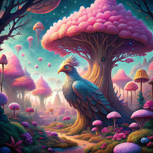 pajaro grande magico y amigable parada de espalda a un arbol enorme de color rosado ubicado en un bosque mágico lleno de arboles y hongos de colores, dibujado como caricatura mas infantil