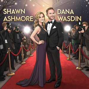Shawn Ashmore and Dana Wasdin at a movie premiere. They wear formal attire. Black tie event with flashing cameras