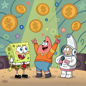 SpongeBob SquarePants surrounded by his friends Patrick Star and Sandy Cheeks, standing in front of a vibrant money-themed backdrop at a cartoon event.