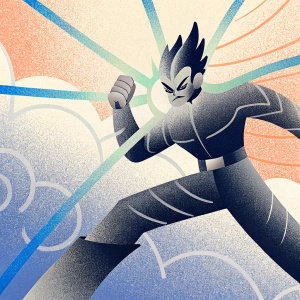 Garou from One Punch Man, in a dynamic fighting stance. Intense facial expression. Detailed sketch with bold lines and swirling patterns emphasizing motion and muscular build.