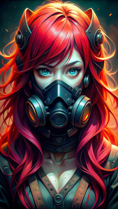 Retrato vectorial de una chica, ojos bien definidos, con mascara de gas, cabello largo rojo y brillante con flequillo, impresionante obra de arte hermosa, maximalista, por artgerm, obra de arte de anime 8k.