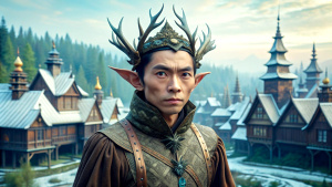 Asian forest elf against the backdrop of Russian houses