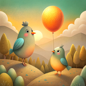 cute birds holding a balloon