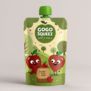 GoGo squeeZ apple pack, featuring cartoon apple characters. Green packaging with brown and red highlights. Free from gluten, nuts, and dairy.