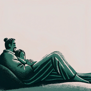 Fan art illustration of Hanzo Shimada from Overwatch, in soft pajamas. A tender moment. Muted background, soft color palette.