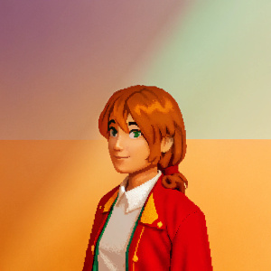 Raptalia, a young female character, with a friendly yet assertive look. Anime-style illustration, detailed with shadows and textures. Set against a backdrop of purple and green hues, pixel art