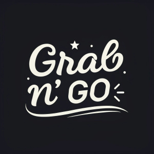 Dynamic logo design for Grab N' Go. Streamlined font on a sleek black background. The white text appears fluid and in motion. Modern, friendly aesthetic.