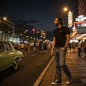 Aaron Taylor-Johnson in a casual black t-shirt, denim jeans, and sneakers. Crowded street scene at night