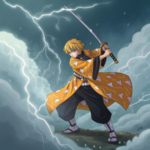 Digital art of Zenitsu Agatsuma from Kimetsu no Yaiba. Wields a sword amidst a stormy backdrop. Dynamic pose, vibrant colors, intense expression. Anime style.