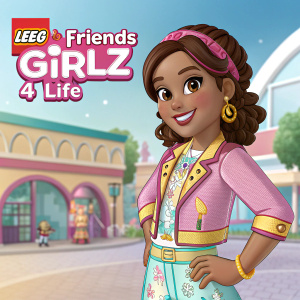 Olivia, from the Lego Friends movie 'Girlz 4 Life', smiling brightly in a cartoon illustration. Pink, gold, and pastel blue hues. Lego Friends logo prominent