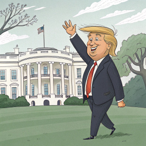 Caricature illustration of Donald Trump with exaggerated features. Standing in front of the White House, waving.