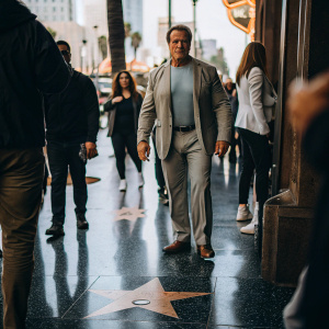 Arnold Schwarzenegger standing in front of his star on the Hollywood Walk of Fame. The star is gold and red. A bustling crowd in the background.