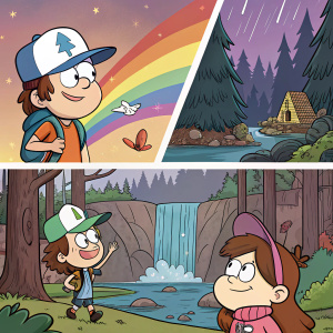 A comic strip featuring fan-made Gravity Falls scenes in vivid colors.