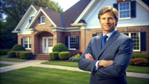 Confident American man real estate agent stands proudly outside a modern home, radiating expertise and approachability, ready to assist potential house buyers