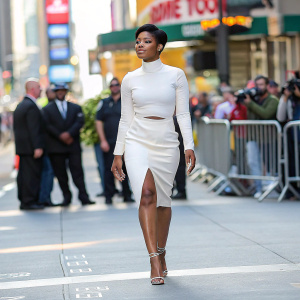 Keke Palmer, African-American actress, walking confidently down a bustling New York City street. She is dressed in a white, high-waisted dress with strappy heels. Her short, styled black hair catches the sunlight. A blurred crowd and cityscape in the background.