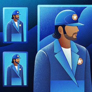A vibrant collage of MS Dhoni. The main image highlights Dhoni's confident face and upper body. Smaller images of Dhoni's face arranged on the left. He wears a blue cap with logo and a stylish sports jacket. Blurred background, capturing the essence of a dynamic sports star.