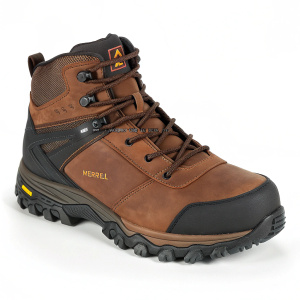Merrell Moab Rover Mid Waterproof Comp Toe Work Boot in brown, black accents, rugged outdoor design, sturdy construction, non-slip outsole, Merrell logo, white background