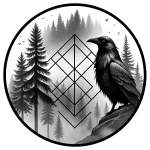 vegvisir runes geometric symbol - raven and trees - tattoo design - perfect realistic art - high-definition - grey and black - white background 