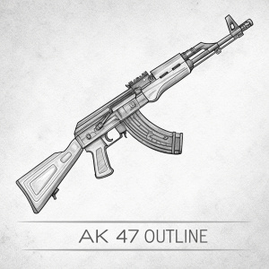 A simple line drawing of an AK 47 rifle, rendered in black and white. The image clearly showcases the weapon's unique design and intricate structure. Beneath the drawing, the words 'AK 47 OUTLINE' are neatly labeled.