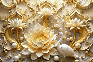 3D printable ceiling interior wallpaper with luxury beautiful white and golden flowers, swan, abstract background for wall