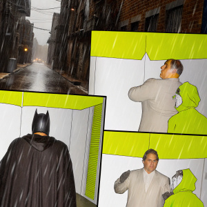 Batman and Joker clash in gritty Gotham City streets, storyboard panels from Batman: Arkham Origins.