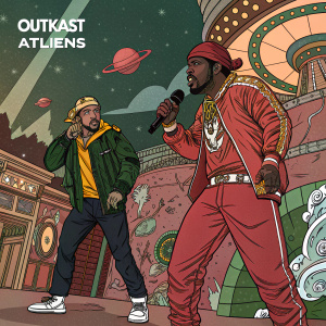 Outkast's ATliens album cover. Vibrant illustration with characters in dynamic poses. Intricate background with bold colors and detailed elements.