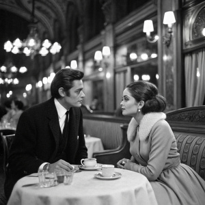 Alain Delon and Ornella Muti in a vintage black and white film scene, set in an elegant Parisian cafe.
