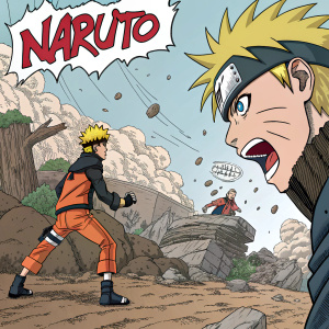 A vibrant manga panel from Naruto. The scene features dynamic characters with expressive poses and Italian speech bubbles. The setting is a rugged, rocky landscape with scattered debris. Detailed artwork with emphasis on storytelling through visuals and text.