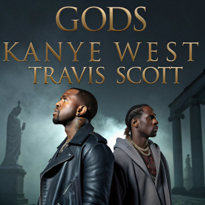 Promotional album cover for 'Gods' by Kanye West and Travis Scott. Dark, moody background. Classical statues in the background. Focus on the intense expressions of Kanye West and Travis Scott. Title 'Gods' in bold, stylized font.