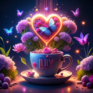 A Ai image of a elegant mug🍵 lilac , With a text " Lily " written below, with glittering letters and with surreal coffee fall into the coffee cup ☕️ . and two mini hearts outside glued to the mug. with hearts colors white and lilac small heart and butterflies, Surrounded by pink Peonies and green grass neon lights all over.