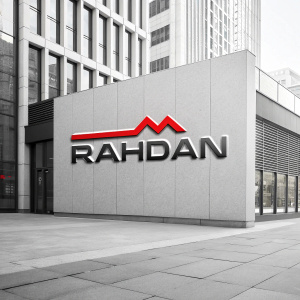 Rahdan brand logo featuring sleek, minimalist design. Logo includes name in bold sans-serif font. English and Arabic text seamlessly integrated. Predominantly gray and red color palette. Professional and contemporary aesthetic.