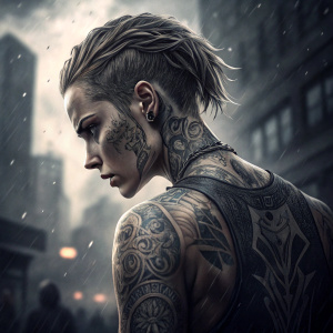 Promotional image for Divergent. Dark, gritty atmosphere. Focus on body art and tattoos. Grayscale color scheme. Digital advertisement style