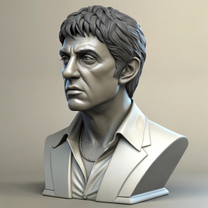 Digital 3D render of Tony Montana bust sculpture. Detailed facial features
