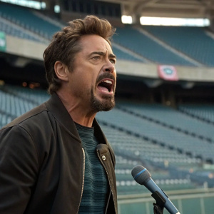 Robert Downey Jr., sporting a scruffy beard and mustache, angrily addressing a crowd. Empty stadium background