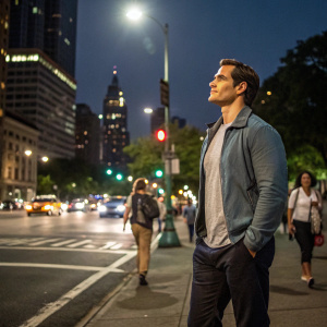 Henry Cavill in a casual outfit, standing alone on a bustling city street at night.