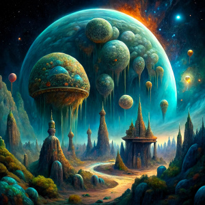 Strange Places, the little space black fantasy planet,
 fantasy, magic, acrylic painting in the style of ron spencer