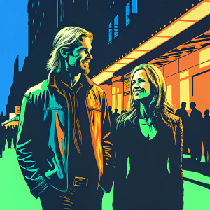 Chris Hemsworth and Isabel Lucas at the Sydney Film Festival. On a busy street, night scene with neon lights