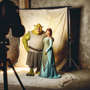 Shrek and Fiona posing for a photo. Shrek grinning widely, Fiona in a green gown. White backdrop, studio setting.