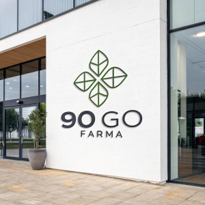 A sleek logo for 90go Farma. Geometric shapes and minimalist design against a white background.