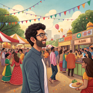 Aditya Thackeray, amidst a vibrant multicultural crowd at a bustling outdoor festival.