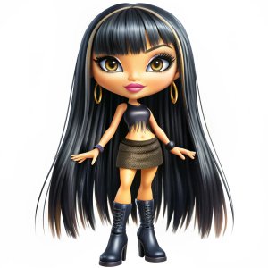 caricatura cuerpo completo tipo bratz pelo negro muy largo y flequillo en la frente con uñas  postizas muy largas que las muestra