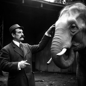 a Victorian Era man with mustache in Chernobyl pointing at the Elephants Foot