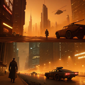 Multiple frames from Blade Runner 2049. Amber lighting. Skyscrapers, flying cars, and androids in a post-apocalyptic cityscape.