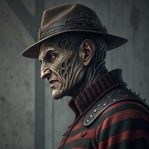 Digital art render of Freddy Krueger, intricate details in dark and light shadows, eerie expression. Gray concrete setting.